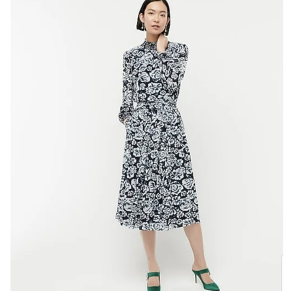 J Crew Navy Ikat Shaded Floral Crinkle Chiffon Skirt Blue White A Line Pleated